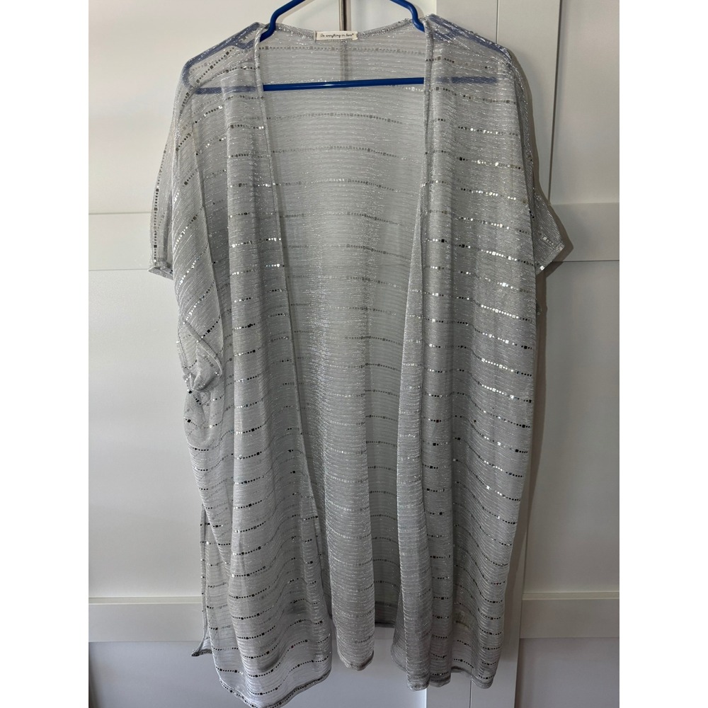 Silver Tone Metallic Sequin Striped Kimono Cardigan One Size Party Accessory